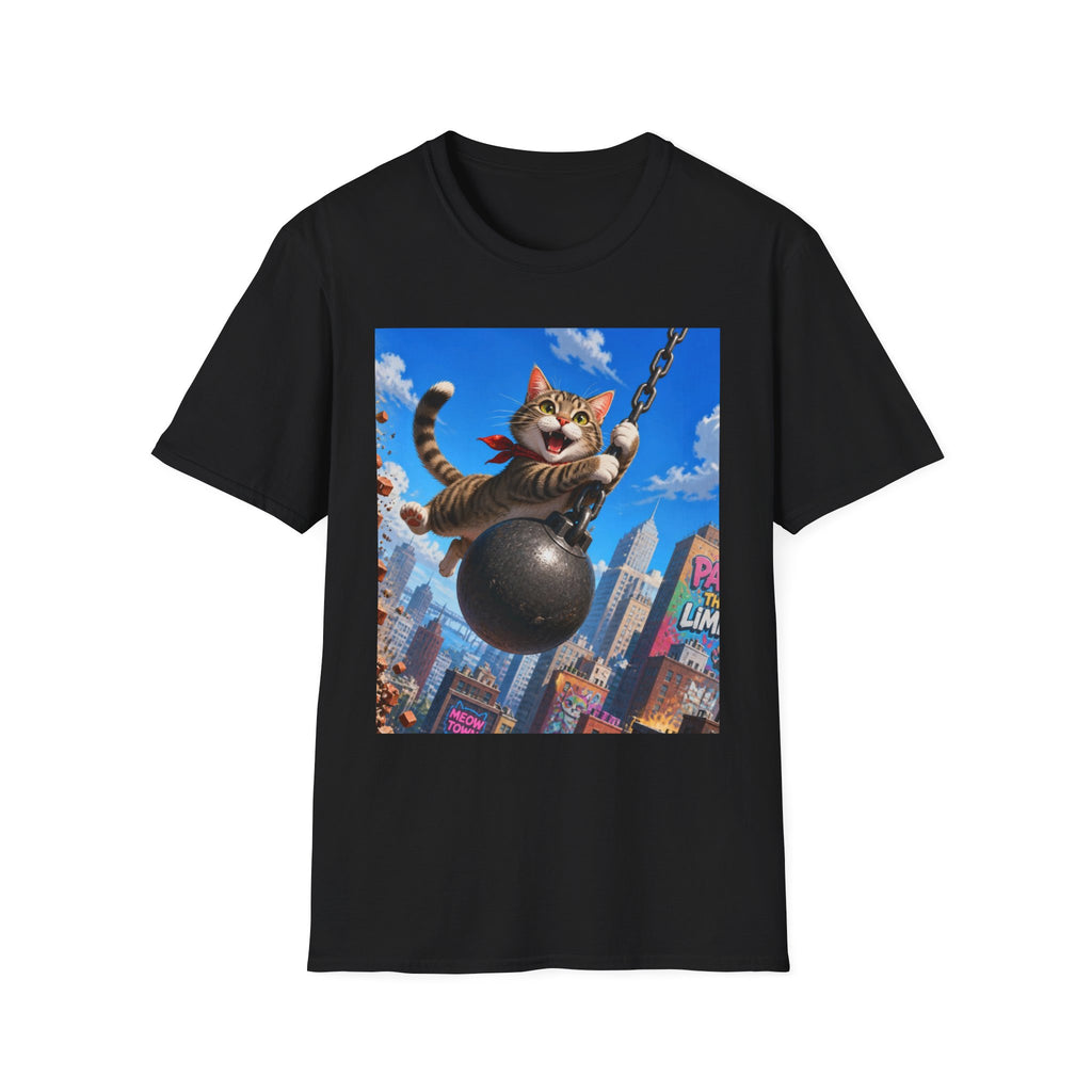 Wrecking Ball Cat T-Shirt — Playful Swinging Tabby Graphic Tee
