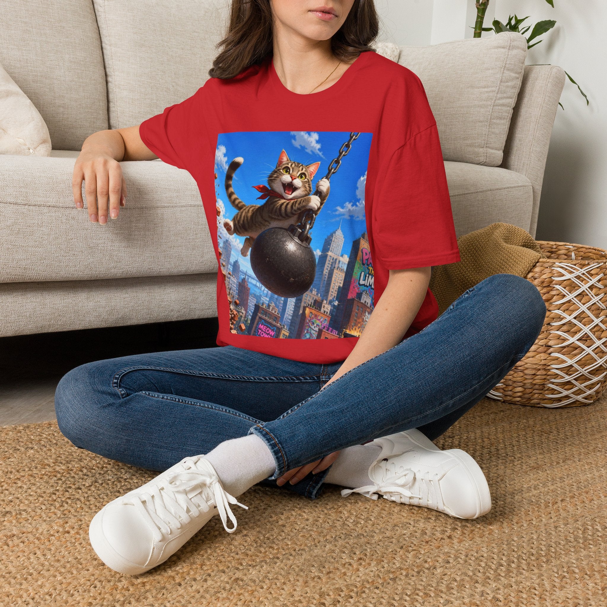 Wrecking Ball Cat T-Shirt — Playful Swinging Tabby Graphic Tee