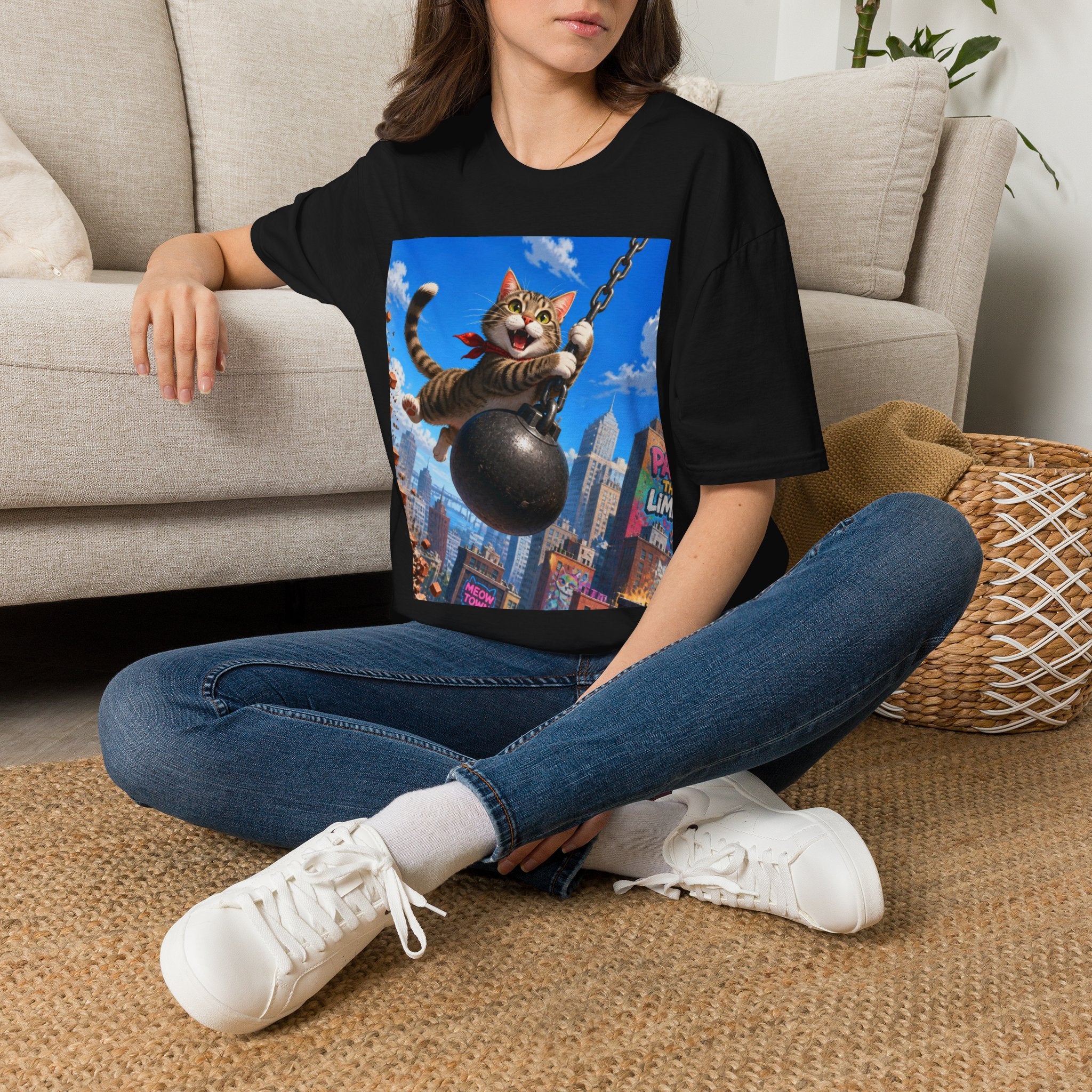 Wrecking Ball Cat T-Shirt — Playful Swinging Tabby Graphic Tee