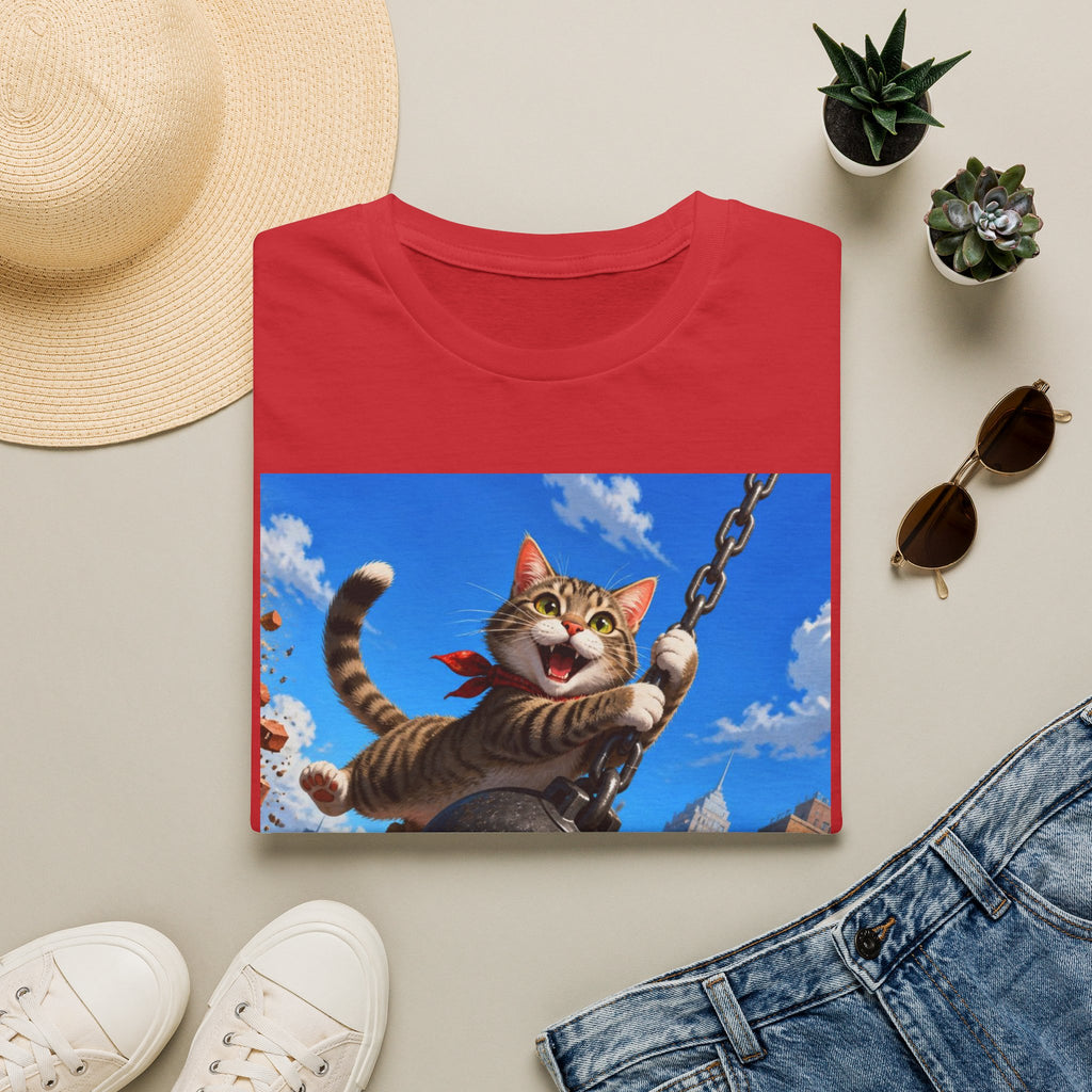 Wrecking Ball Cat T-Shirt — Playful Swinging Tabby Graphic Tee