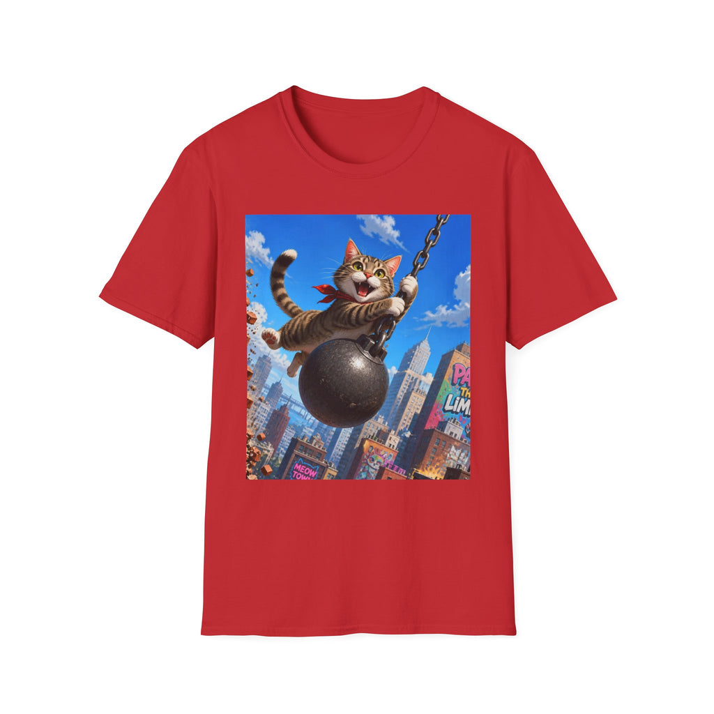 Wrecking Ball Cat T-Shirt — Playful Swinging Tabby Graphic Tee